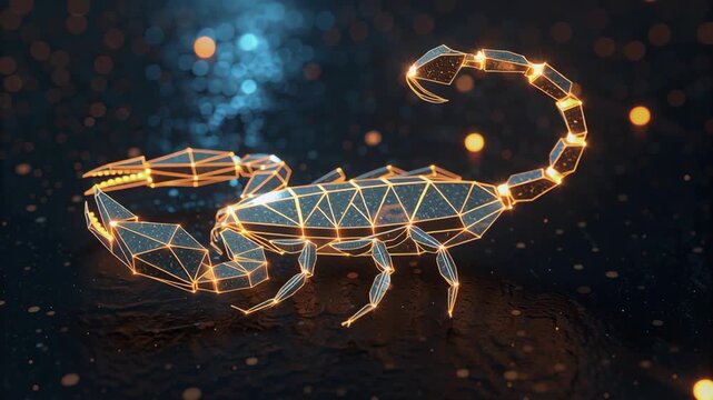 Scorpio zodiac Glowing Geometric Scorpion with Futuristic Design Featuring Illuminated Lines on Dark Background Dramatic and Captivating Sci Fi Scene