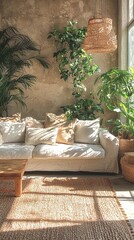 Bohemian interior living room cozy sunlight aesthetic picture