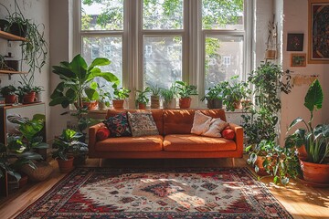 Bohemian interior living room cozy home plants photo