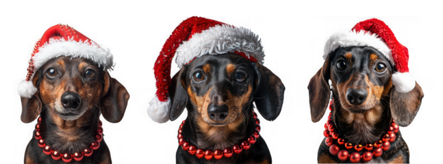 three adorable dachshunds wearing santa hats and red necklaces a festive christmas scene on transparent background