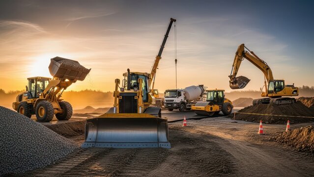 Heavy Machinery and Equipment at a Construction Site at Dusk