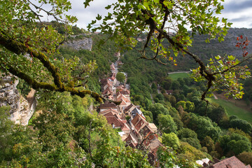 Village of Rocamadour in France, perched on a cliff in a valley