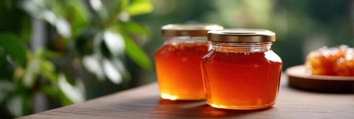 Golden honey jars on wooden table with sunlight and greenery in background