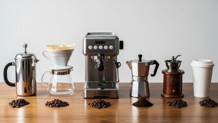 Variety of Professional Coffee Brewing Equipment on Wood Table