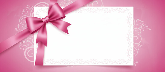 Elegant blank greeting card with pink ribbon bow on a soft pink background, romantic gift mockup concept for Valentine&rsquo;s Day, weddings, and special occasions.
