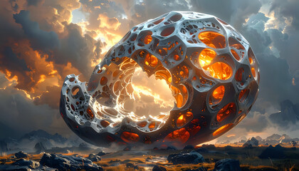 Futuristic metallic sphere with glowing lava core floating in dramatic cloudy sky creating powerful abstract scene