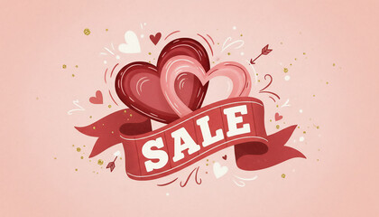 Romantic sale banner with red hearts, ribbon, and decorative typography on a soft pink background, festive Valentine&rsquo;s Day promotion concept for discounts and special offers.