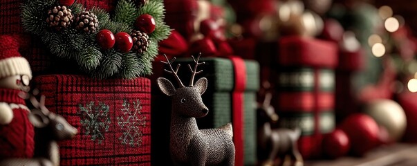 Festive Christmas scene with red gift boxes, reindeer figurines, and evergreen wreaths for holiday decor