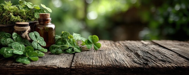 Rustic wooden table with shamrock leaves, moss, and amber bottle creating a natural, calming garden scene