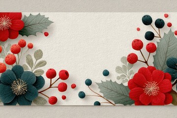 Elegant Christmas floral border design with red flowers, teal berries, and festive greenery for cards