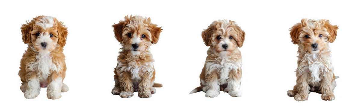 Four adorable cavapoo puppies in a row showcasing their fluffy coats on transparent background high quality