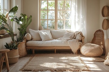 Bohemian living room cozy warm sunlight indoor decor picture
