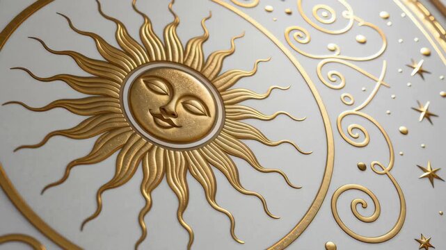 Spiritual zodiac art Golden Sun with Serene Face Surrounded by Intricate Celestial Patterns and Swirls White Background, Creating Mystic and Elegant
