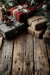 Rustic wooden background with Christmas gifts, pine cones, festive greenery, twine, decorations, and holiday coziness