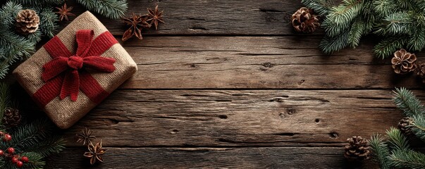 Rustic wooden background with a Christmas gift, pine branches, cones, and festive decor