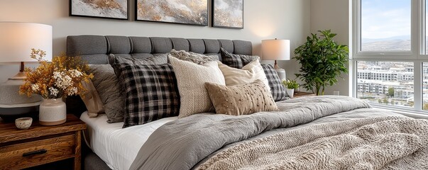 Sleek, modern bedroom with a large bed, two nightstands, lamps, and a bright window view