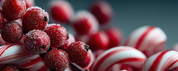 Red frosted berries with candy canes in a festive holiday scene for Christmas