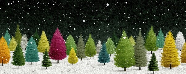 Vibrant Colorful Christmas Trees in a Snowy Forest Under a Starry Night