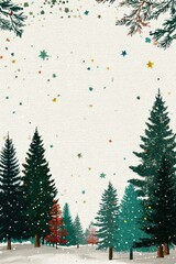 Winter forest scene with tall green Christmas trees, colorful stars, and gentle snowfall under light