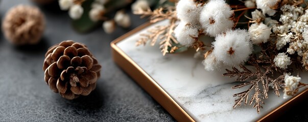 Winter arrangement with white fuzzy flowers in a rose gold marble frame on a dark surface