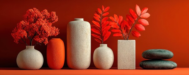 Decorative ceramic vases with red foliage on an orange background, minimalist still life