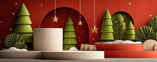 White podium with Christmas decorations on a red background, festive winter scene for holiday display