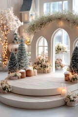 White round podium with Christmas trees and garlands in a festive indoor display setting