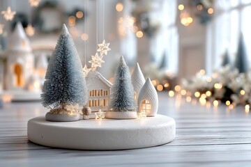 White round pedestal display with miniature Christmas trees and cozy winter village scene