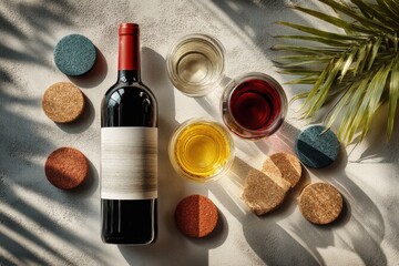 Wine bottle with glasses and corks on a sunlit table for a relaxed summer ambience