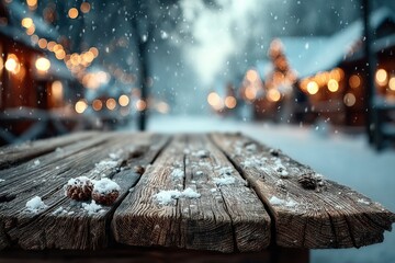 Winter scene with snow on a rustic wooden table and festive bokeh lights in the background