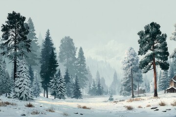 Winter forest landscape with snow-covered ground, tall pines, and distant cabins