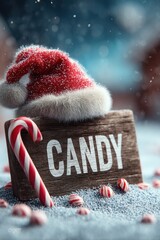 Wooden sign reads Candy with Santa hat and candy canes on a snowy festive scene