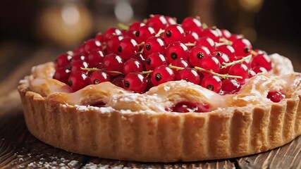 A closeup view of a freshly baked goldencrusted red currant tart generously topped with an abundance of vibrant glistening red berries and delicately dusted with powdered sugar presented on a rustic .