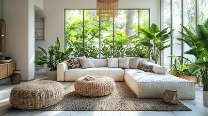 Bohemian living room warm cozy interior greenery image