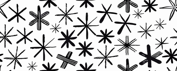 Hand-drawn black starbursts and asterisks pattern on white background