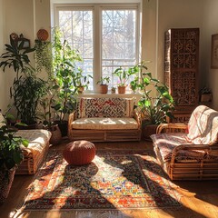 Bohemian living room warm sunlight cozy natural decor picture