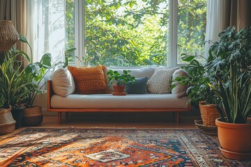 Bohemian living room warm sunlight cozy natural picture