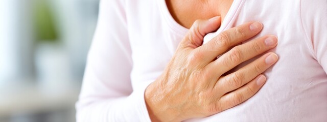 Lady with hand on chest showing concern in a well lit indoor setting during daytime