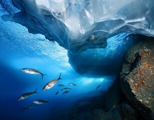 Fototapeta premium fish swimming through icy caves in a frozen ocean habitat