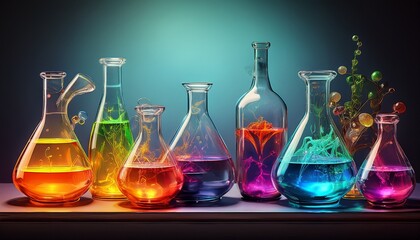 laboratory glassware with colorful liquids