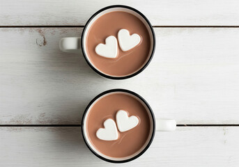 Two cups of hot chocolate with heart-shaped marshmallows inside, placed side by side on a white wooden floor. A warm and intimate composition themed around Valentine's Day, love, and romance.