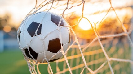 Soccer ball hitting the net during a match at sunset in a sports field
