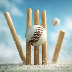 Cricket ball smashing wooden stumps intense bowling action blue sky image