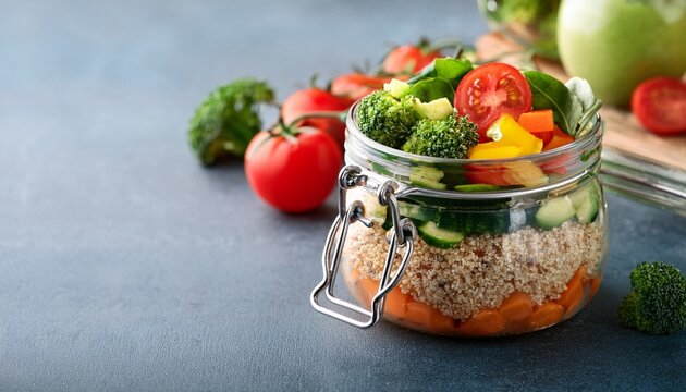 healthy boost salad jar with fresh vegetables and quinoa