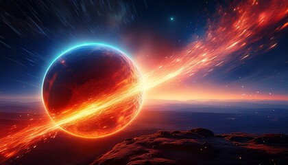 glowing orb streaking through night sky leaving a trail of fiery embers