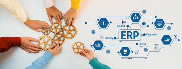 Collaborative Hands with Gears and ERP Workflow Diagram Symbolizing Business Planning and Management Solutions for Enterprises. Amity