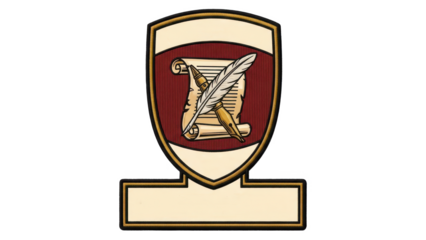 Heraldic emblem with scroll, quill and pen, background removal