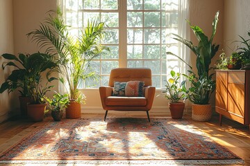Bohemian cozy interior living room greenery sunlight image