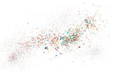 colorful pencil tip shavings from sharpening in flying, explosion isolated on white, background and texture, clipping path, design elements, transparency