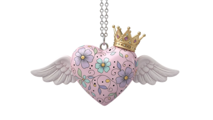 Beautiful pink floral heart necklace with crown and wings isolated on transparent background